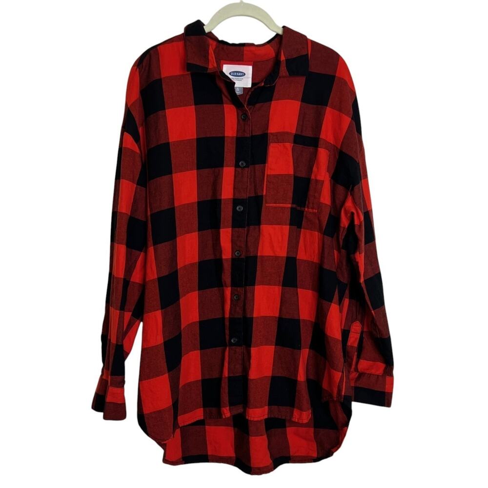 Old Navy Womens Flannel Shirt XL Red Black Buffalo Plaid Button Front Cotton